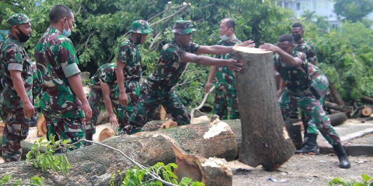 Sigap. Anggota TNI Bersama Masyarakat Bersihkan Pohon Tumbang di Telaga Supeno