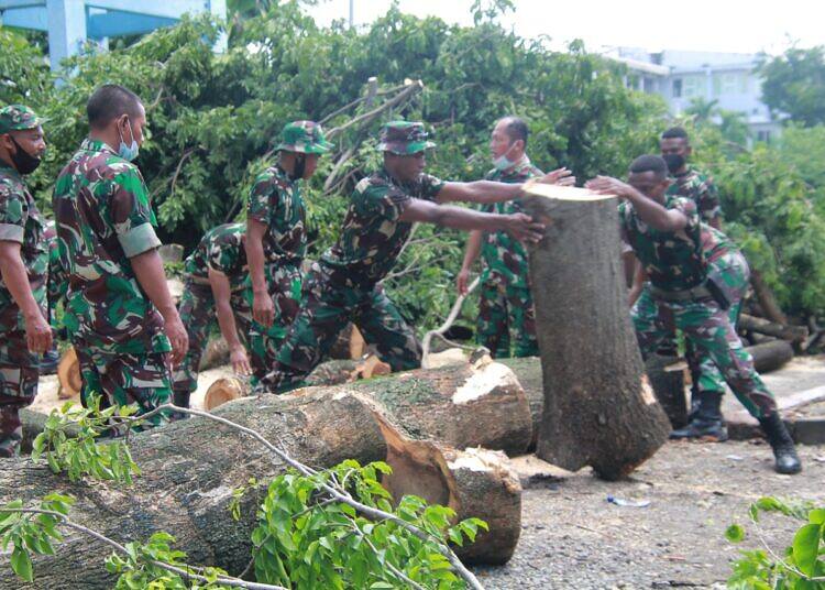 Sigap. Anggota TNI Bersama Masyarakat Bersihkan Pohon Tumbang di Telaga Supeno