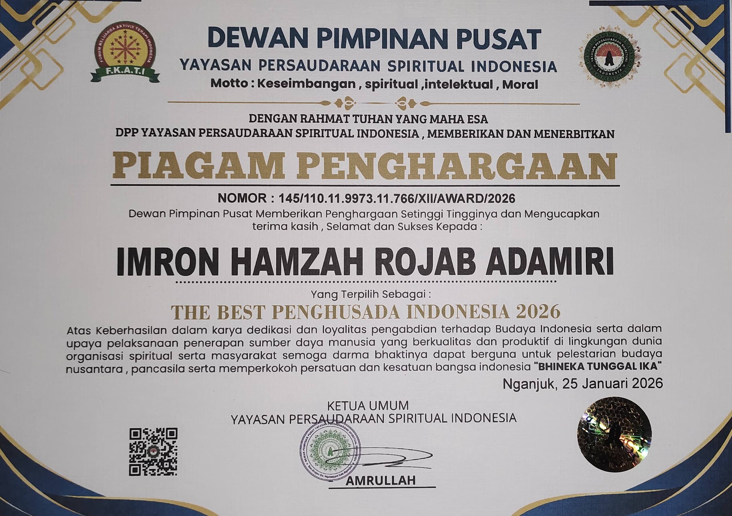 Imron Hamzah Rojab Adamiri Raih Penghargaan “The Best Penghusada” di Nganjuk
