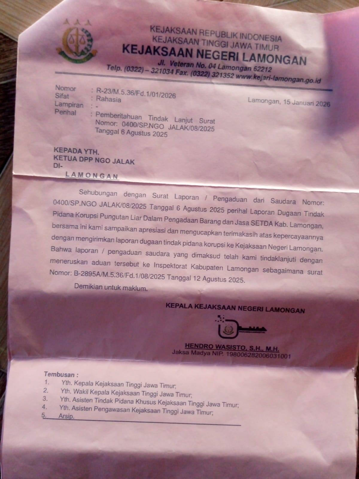 Dugaan Korupsi PBJ LPSE Lamongan Dilaporkan, Kejari Diminta Bertindak Tegas