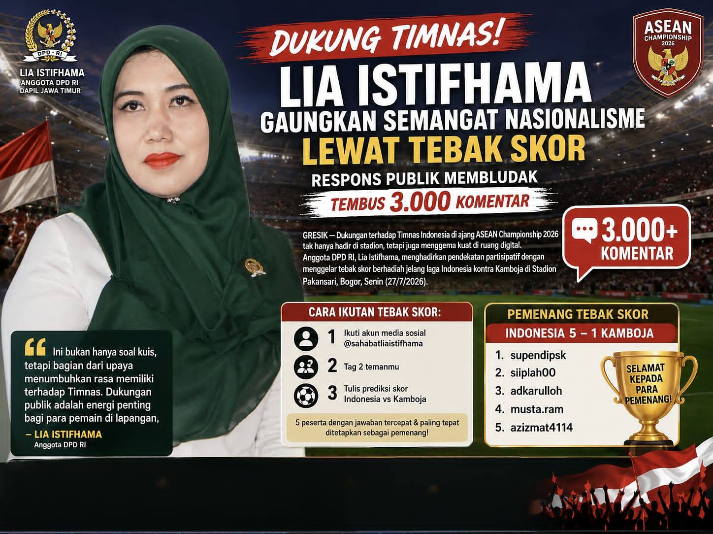 Semarak Dukung Timnas, Lia Istifhama Ajak Publik Tebak Skor, Antusiasme Warganet Tembus 3.000 Komentar