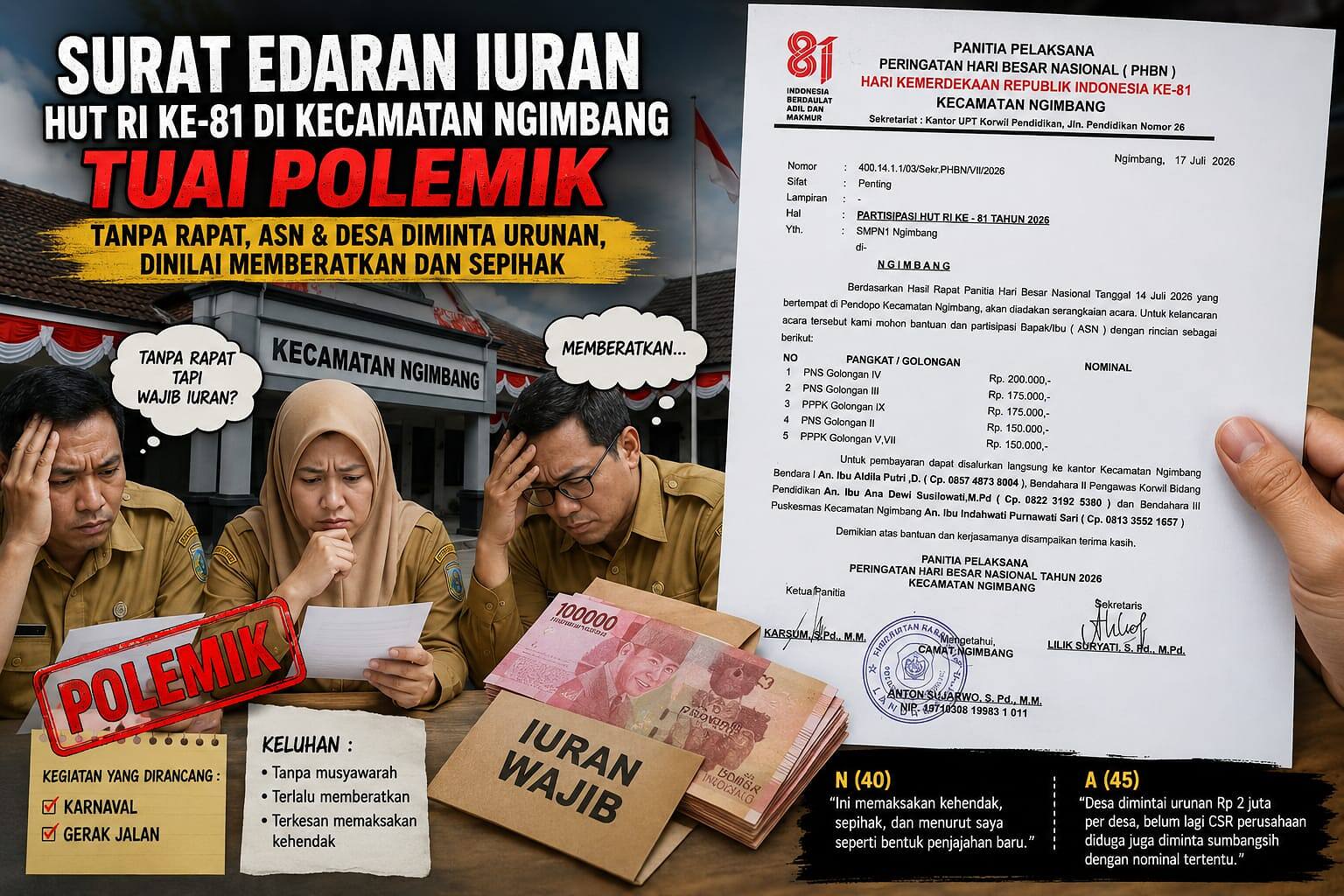 Iuran HUT 81 RI Dinilai Sepihak, Surat Edaran PHBN Kecamatan Ngimbang Jadi Sorotan