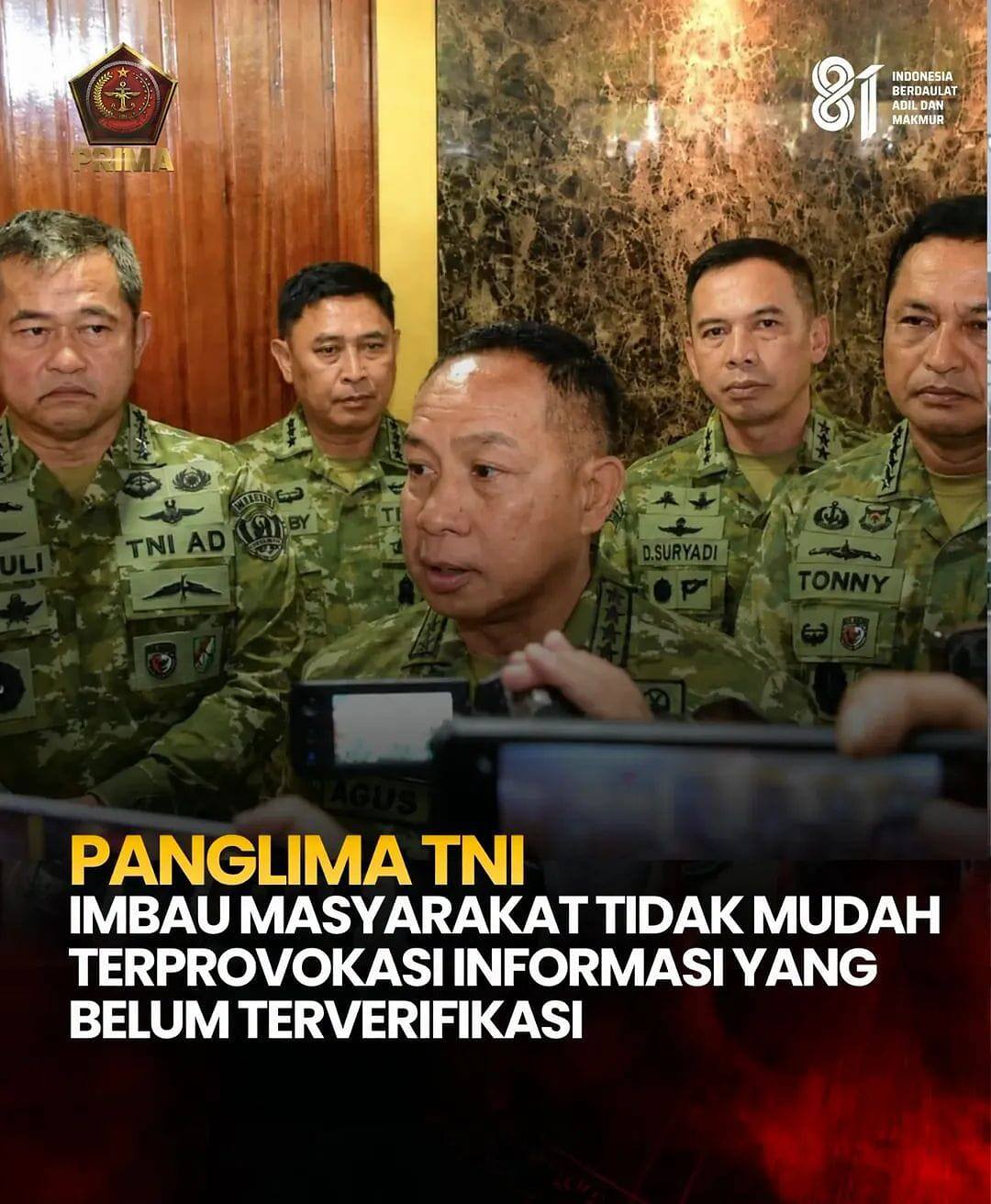 Panglima TNI Ajak Masyarakat Saring Informasi Sebelum Percaya